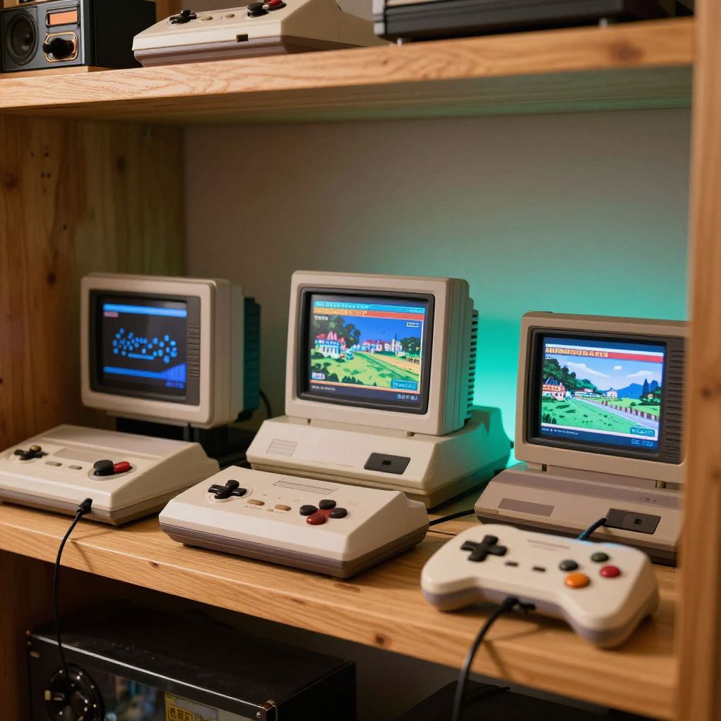Shelf of retro home game consoles and controllers on display