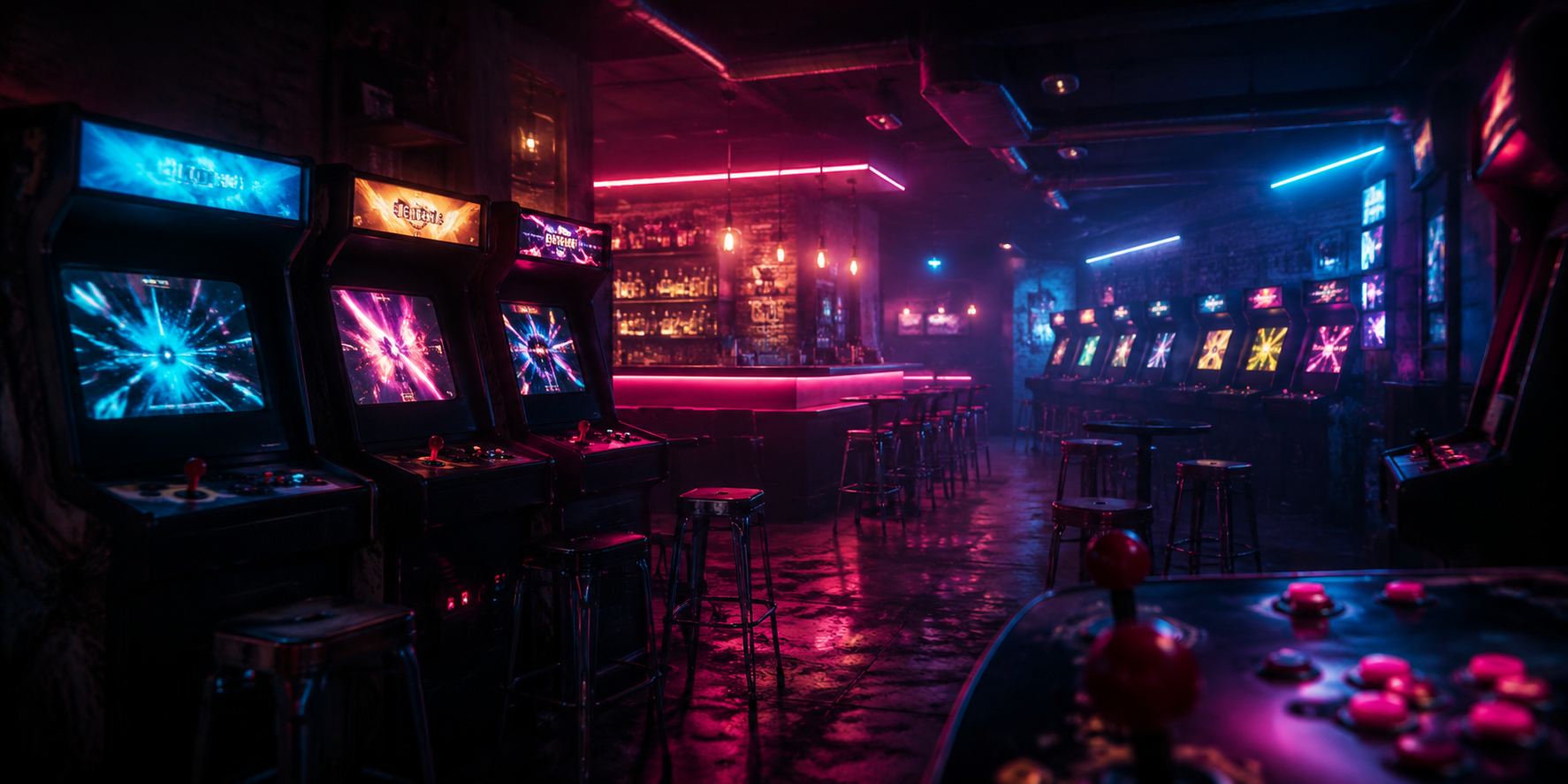 Neon arcade sign glowing over a dark cabinet-lined arcade room